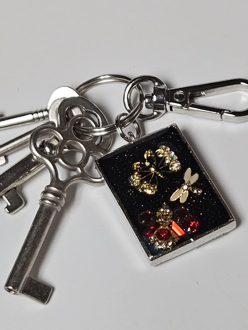 Black Glitter Butterfly & Dragonfly Keychain Charm Crystal Accents